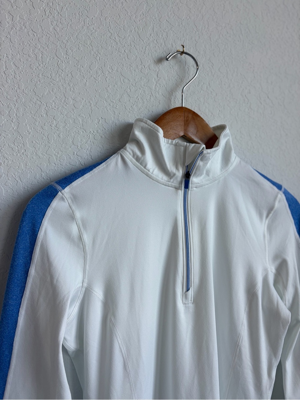 White Brooks Small Half-Zip Pullover with Blue Sleeve Stripes - Picture 2 of 7